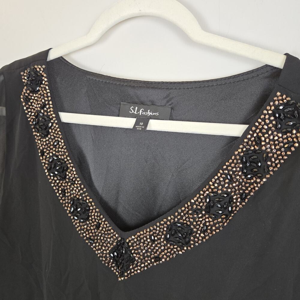 SL Fashions Black Mini Dress V Neck Copper Beads Sheer Flowy Lined GLAM SIZE 10 - Picture 3 of 7